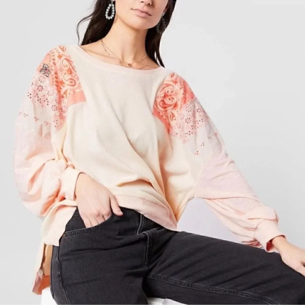 Free People Size Medium Slouchy Oversized Feelin It Patchwork Embroidered Shirt